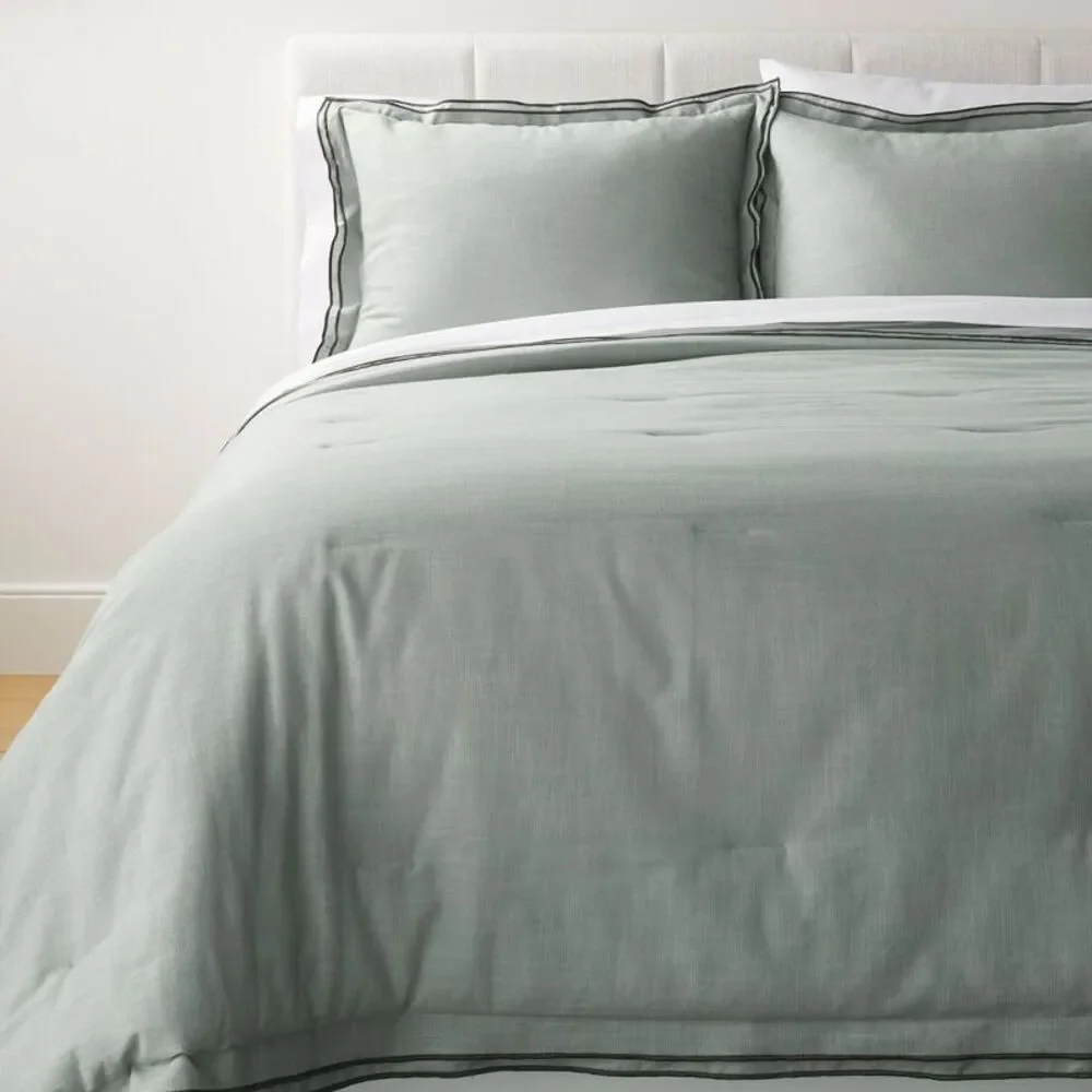 California King Cotton Merrow Stitch Comforter Set - Light Teal/Dark Gray
